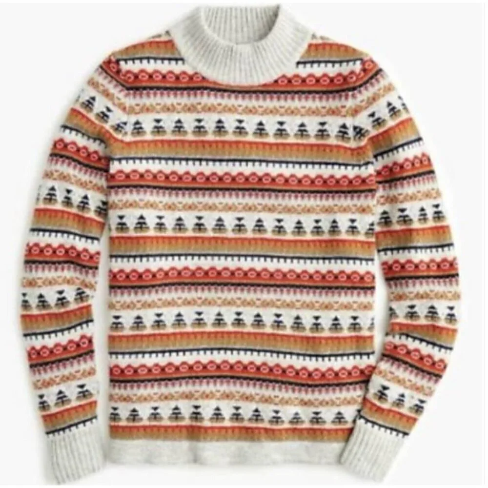 J Crew Mockneck Fair Isle Sweater Grey Red Size S K5312